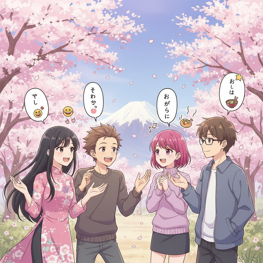 Nhóm bạn Nhật-Việt trò chuyện dưới hoa anh đào