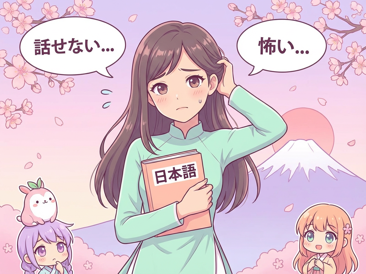 Cô gái lo lắng cầm sách tiếng Nhật